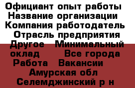 Официант-опыт работы › Название организации ­ Компания-работодатель › Отрасль предприятия ­ Другое › Минимальный оклад ­ 1 - Все города Работа » Вакансии   . Амурская обл.,Селемджинский р-н